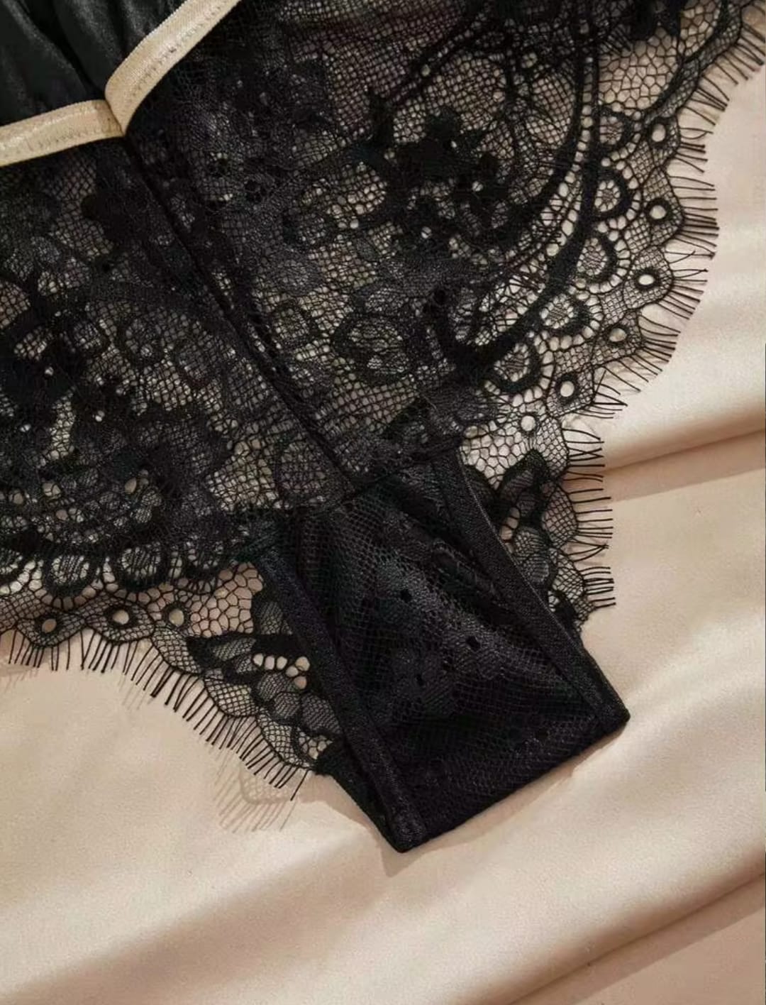 Women's Black Satin & Eyelash Floral Lace High-Waisted Lingerie Shorts / French Cut Briefs